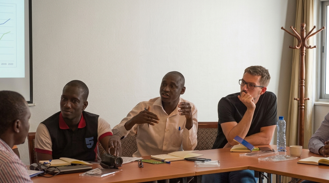 Journalists in discussion around a table during a training session